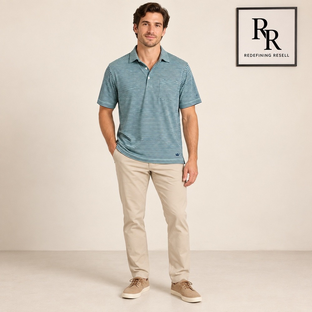 Peter Millar Seaside Wash Polo Mens Medium Teal Navy Striped Short Sleeve Shirt